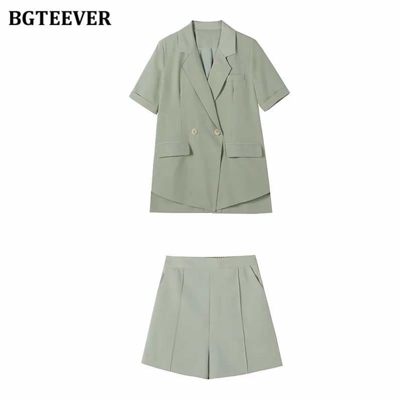 BGTEEVER Elegant Chic Loose Women 2 Pieces Blazer Set Short Sleeve Suit Jacket & High Waist Shorts Summer Ladies Short Suits