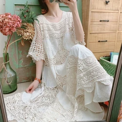 Woman Dress Spring Summer Mori Girls Sweet Elegant Crochet Lace Long Dress Korean Fashion Sexy Hollow Out Embriodery Midi Dress