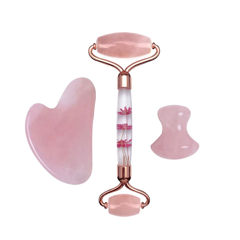 Rose Quartz Facial Massager Eternal Flower Roller Face Guache Scraper Jade Massage Roller Gua Sha Gouache Massage Set Skin Care