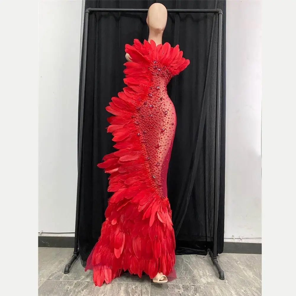 Sexy Outfits Off Shoulder Celebrate Dress Women Stage Wear Feather  Evening Party Dress Sleeveless Maxi Dress