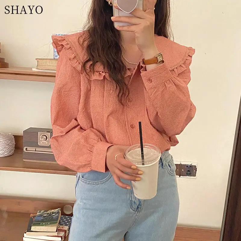 

Plaid Blouse Sweet Ruffle Peter Pan Collar Puff Long Sleeve Blusas Shirt 2021 Spring New Korean Women Casual Tops Camisas Mujer