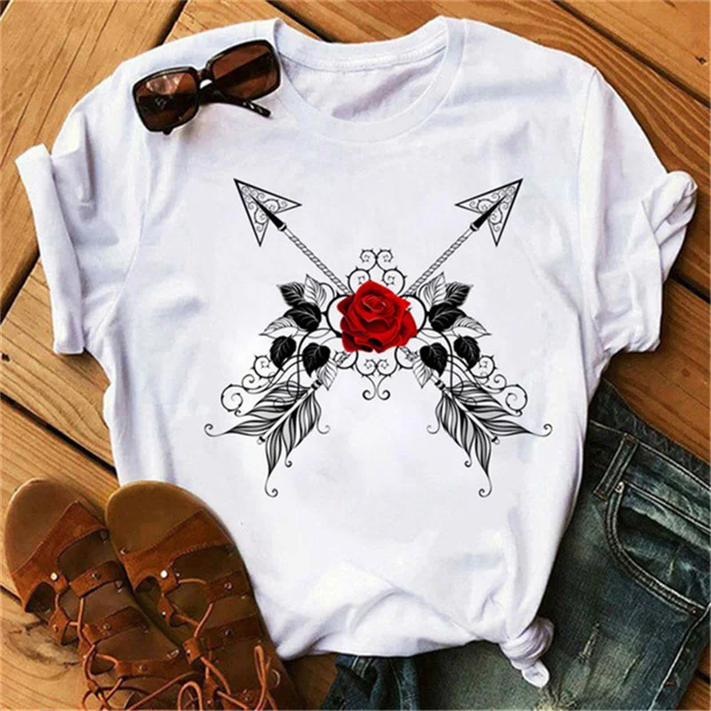 New Harajuku Women\'s T-shirt Fashion Creative Reose Musical Note Printed T Shirt Casual Shirt Short-sleeved Female Tshirt