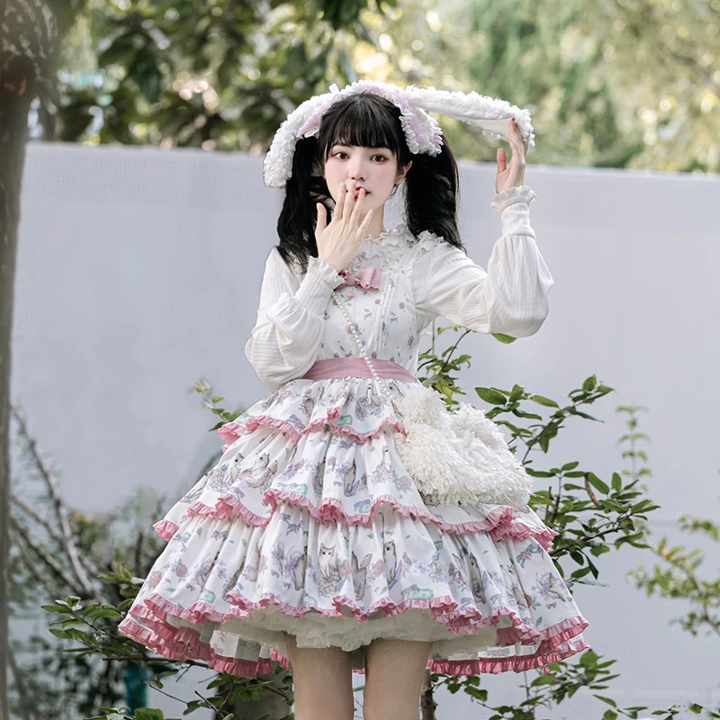 

Japanese Cute Cat Printing Cake High Waist Dress Autumn Winter Sweet Lolita Bowknot Soft Girl Daily Dress Cosplay Cos Loli