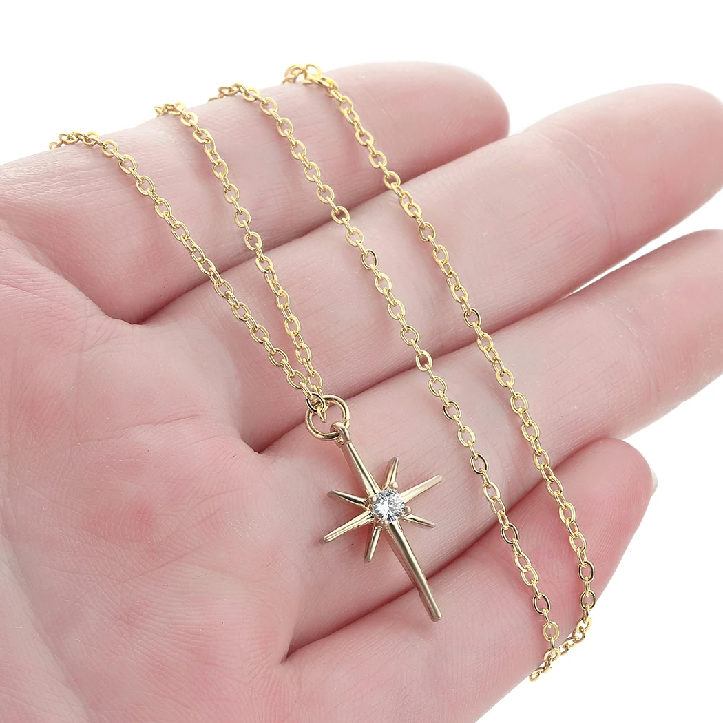 Shining Crystal North Star Pendant Necklace for Women Girls Stainless Steel Cross Stars Charm Neck Chain Jewelry Statement Gifts