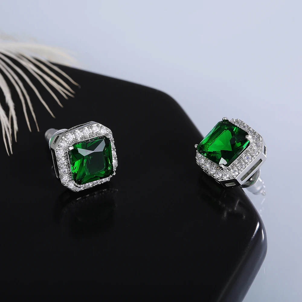 Huitan Ohrstecker mit rechteckigem/quadratischem grünem kubischem Zirkon für Damen, elegante Party-Accessoires, Jahrestagsgeschenk, zeitlose Damen-Ohrringe – Detail 11