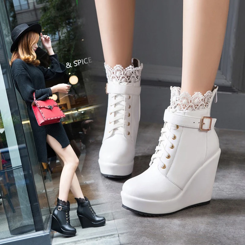 Women Breathable Mesh Wedges Shoes Lace-UP Loafers High Heels Platform Casual Comfort Creepers Woman Botas Summer Lace Shoe