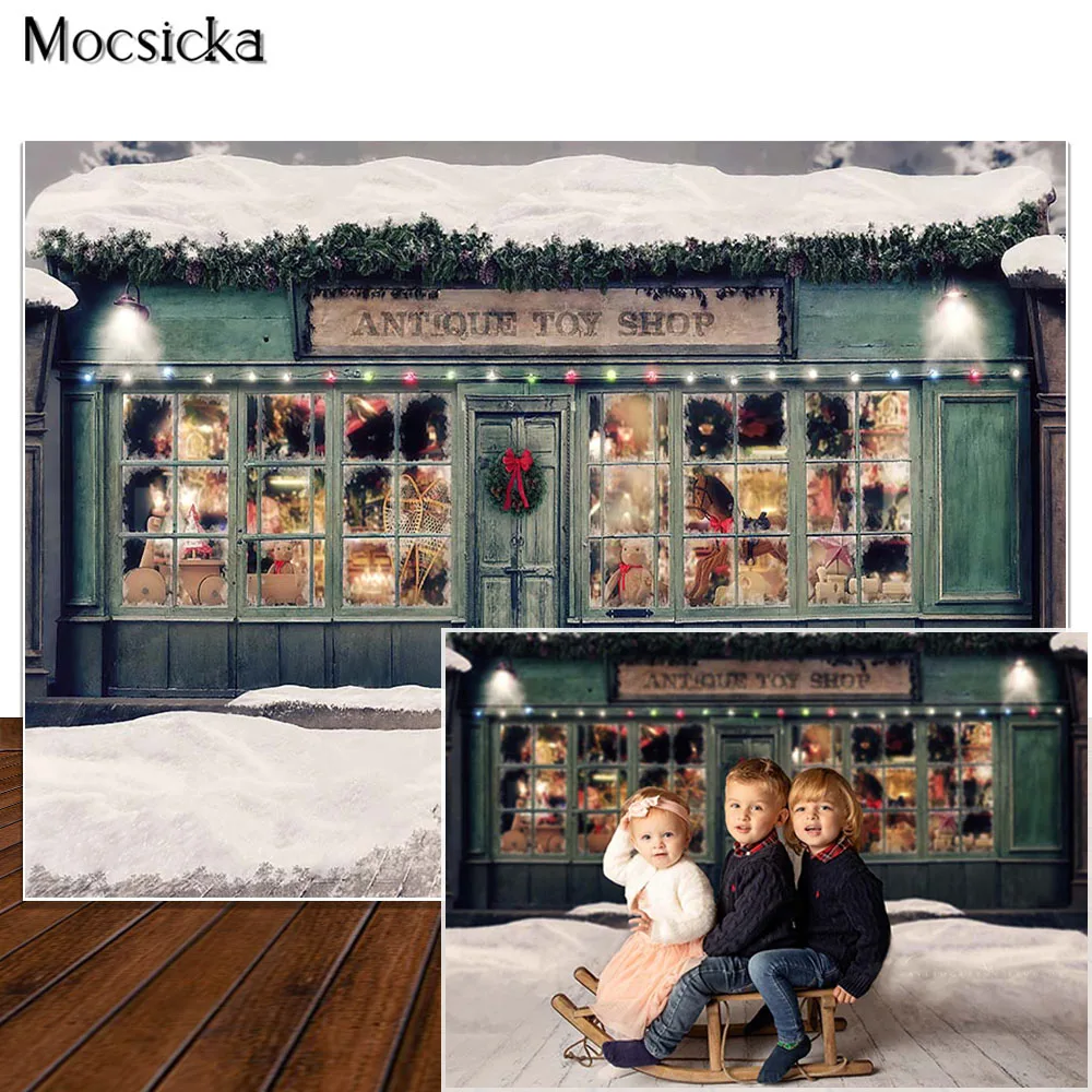 Christmas Shop Backdrops Winter Snow Photostudio Toy Shop Window Photography Kids Portrait Photo Props Child Background