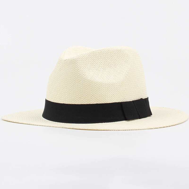 HT3090 New Summer Beach Hat Men Women Black Band Straw Hat Flat Brim Fedoras Panama Hat Male Female Wide Brim Sun Hat Beach Cap