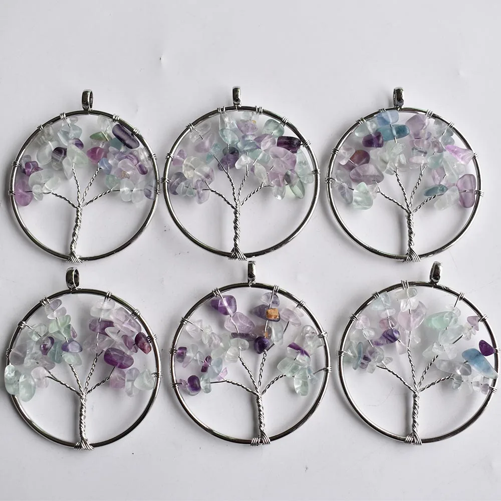 

Wholesale 12pcs/lot fashion natural fluorite stone Tree of life handmade wire wrapped Pendants 50mm for necklace marking free