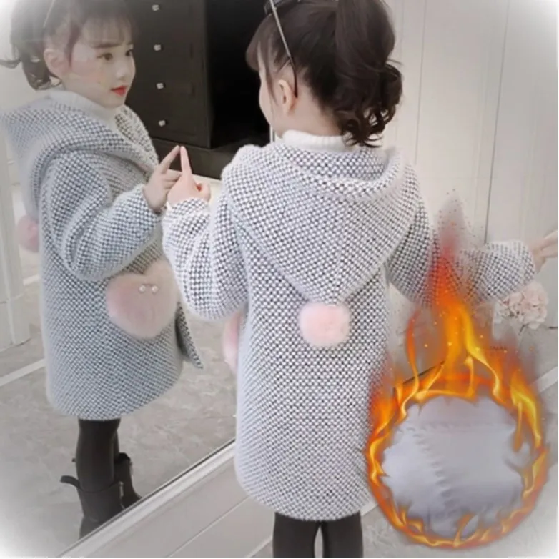 Girls Woolen Coat 4 7 9 12 14 Years old Children's Clothing Cotton Warm Woolen Outwear Winter Chickening Trench Snow Wear Coats