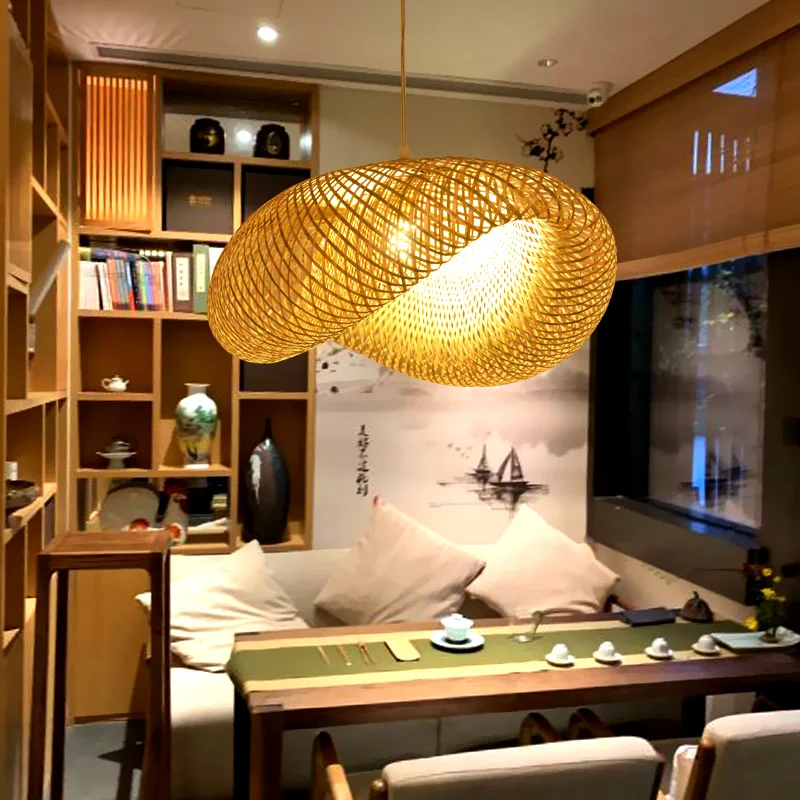 Handmade Bamboo Pendant Light Vintage Wicker Rattan Wave Shade LED Chandelier for Dining Room Bedroom Indoor Lamp