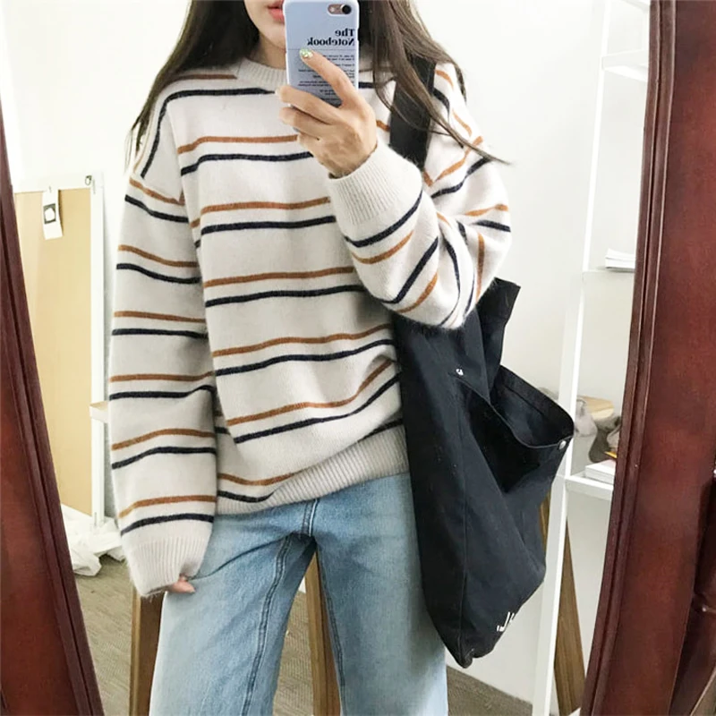 Autumn O-Neck Pullover Women Soft Sweaters Chic Daily Tops Sweet Student Striped Harajuku Women Pullover Knitted Loose Tops