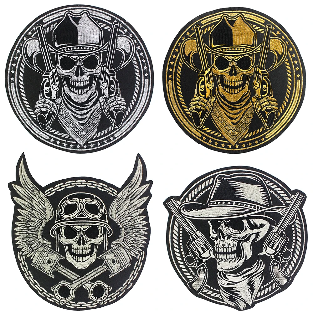 Big Punk Guns Skull Wing Patch Iron on Biker Back Patch Badge Large Embroidery Patches for Clothes Jacket Jeans Applique 2PC