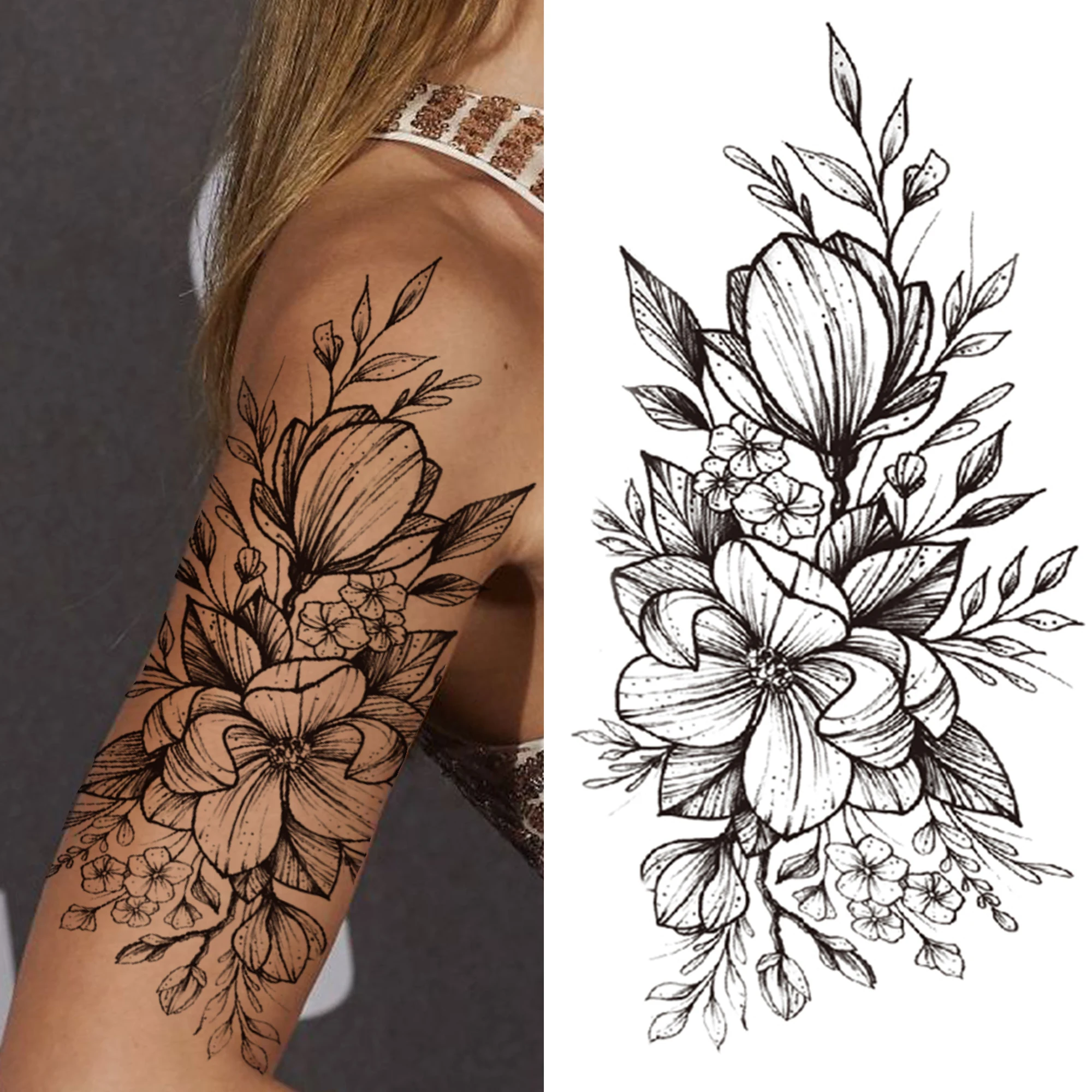 Tatouage temporaire fleur 3D pour femmes et filles, faux autocollant, fleur de tigre, fleur, orchidée, pivoine, noir, lys, rose, beauté