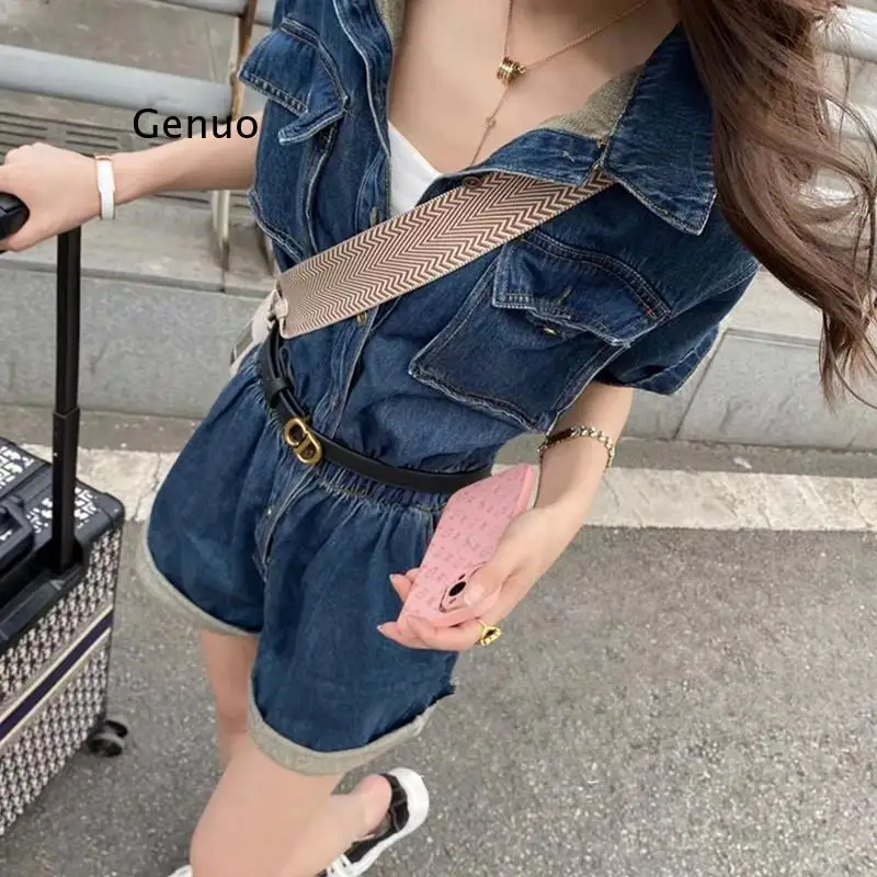 

Retro Belted Denim Wide Leg One-piece Shorts Women's Casual Fashion Straight Jumpsuit Blue Short Sleeve Cargo Pants