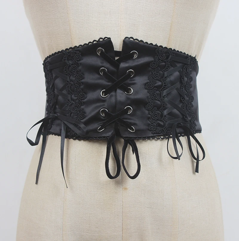 Women's Runway Fashion Black Satin Bandage Cummerbunds Female Dress Corsets Waistband Belts Decoration Wide Belt R2784