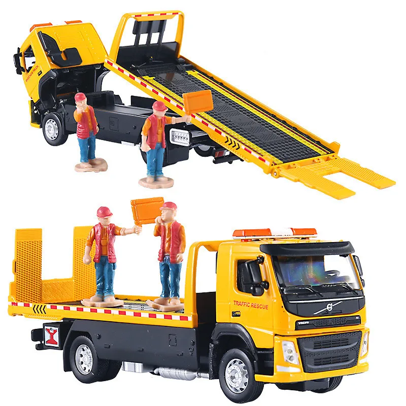 

Hot-selling 1:50 alloy road rescue trailer car model,traffic flatbed trailer toy,simulation sound and light,children's puzzle