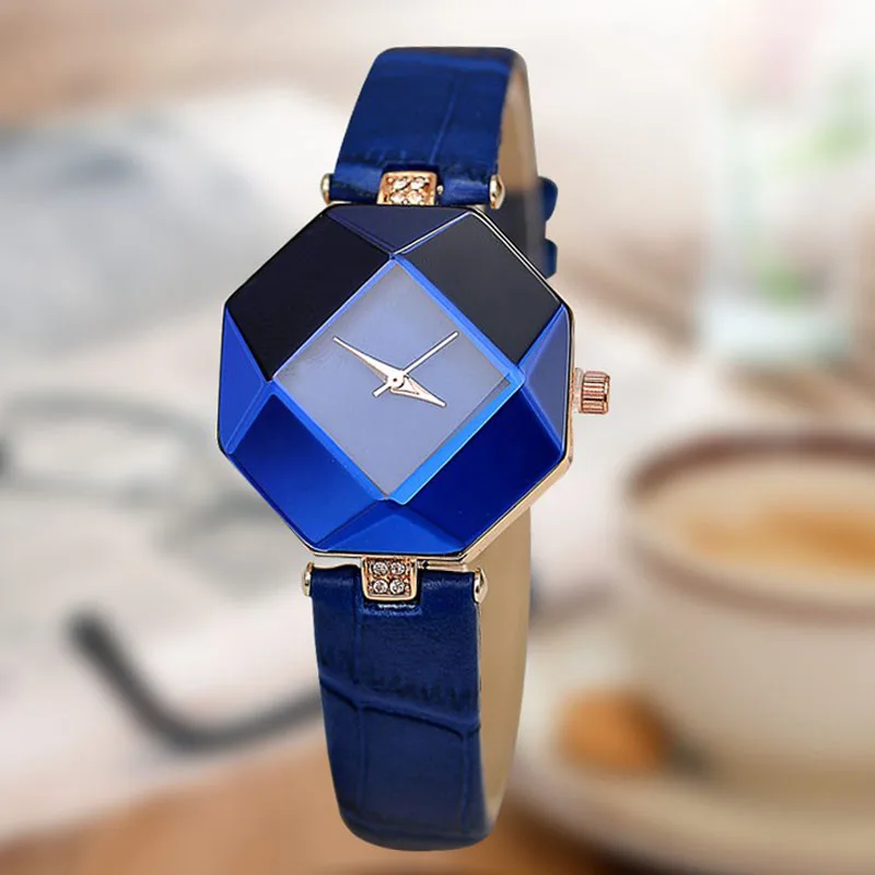 Fashion Women Watches Gem Cut Geometry Crystal Leather Quartz Wristwatches Casual Ladies Watches Gifts Clock Relogio Feminino