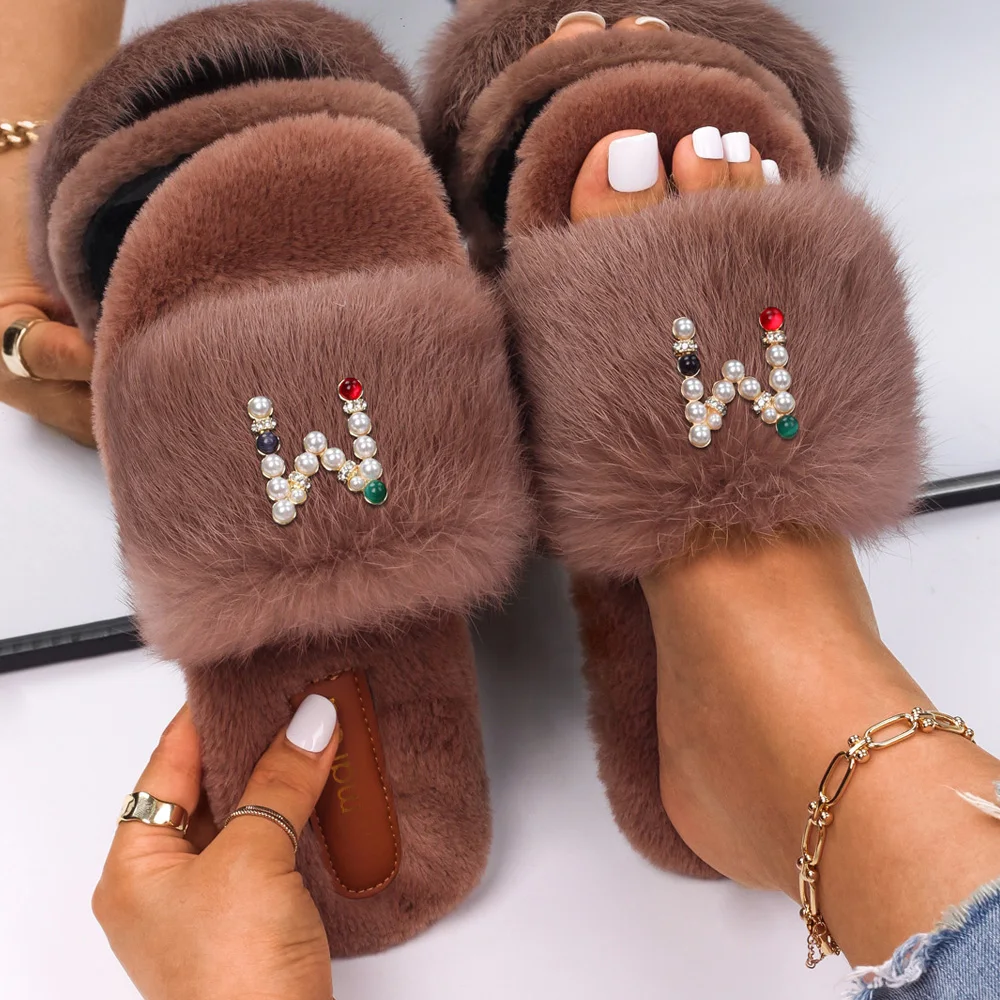 Designer Slides Fluffy Slippers Indoor Flat Faux Fur Sandals Platform Flip Flops Pearl Slippers Women Outdoor Casual Shoes 2021