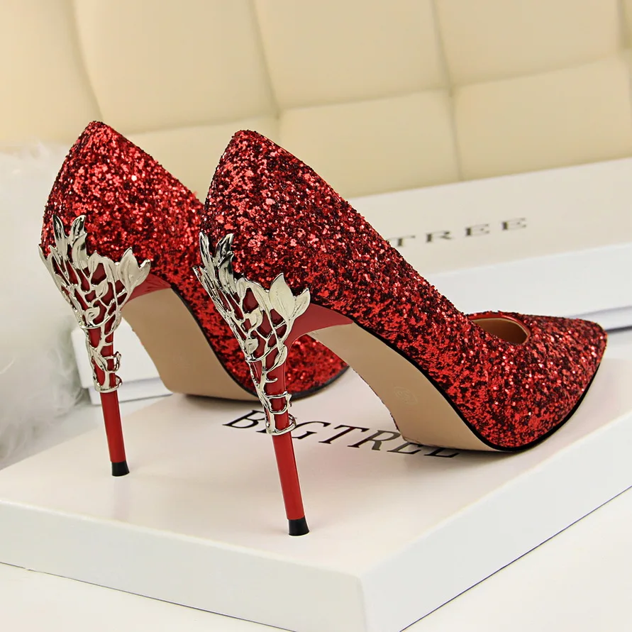 2023 Women 10cm High Heels Fetish Pumps Lady Glitter Sequins Gold Wedding Bride Heels Bling Luxury Brand Design Scarpins Shoes