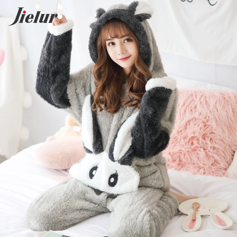 Jielur Winter Thick Warm Cartoon Hooded Women Fleece Pajama Sets Long Sleeve Shirt+Pants Print Femme Pijama Feminino Home suit