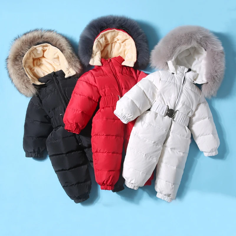 Kids Baby White Duck Down Snowsuit Winter Children Clothes Outwear Real Fur Toddler Boys Girls Jumpsuit Romper Thick Down Coat