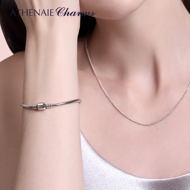 ATHENAIE 925 Sterling Silver Snake Chain Bracelet Charms Bracelets Fit European Charm Bead for Women & Men DIY Jewelry Gift