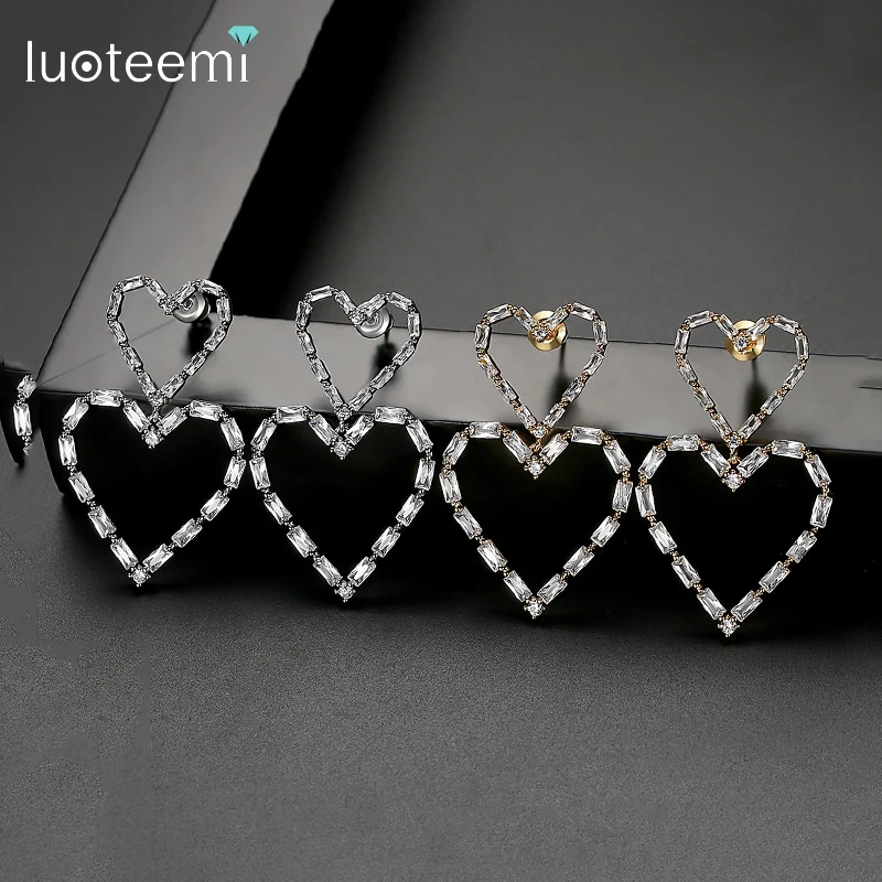 LUOTEEMI Romantic Double Heart Shape Dangle Earrings for Women Gold Silver Color Cubic Zircon Earring for Girls Wholesale Item