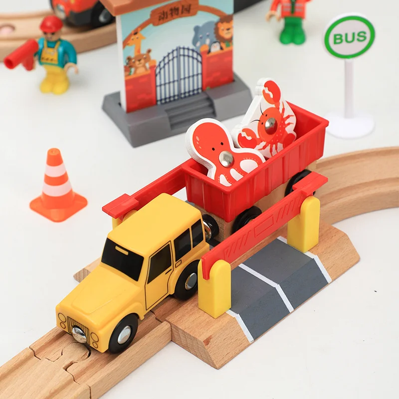 Wooden Track Train Set Car Wash Room Wooden Railway Car Educational Toys Compatible for Wooden Track Toys for Kids Gift