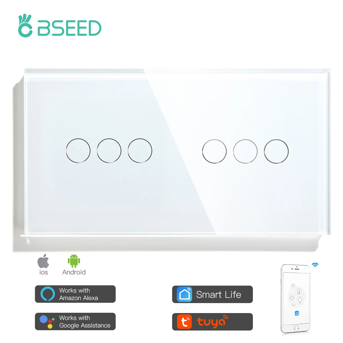 Bseed EU Wifi Smart Touch Switch 2/4/6Gang interruttori della luce a 2 vie funzionano con Tuya Smart Life Alexa Crystal Panel Switch