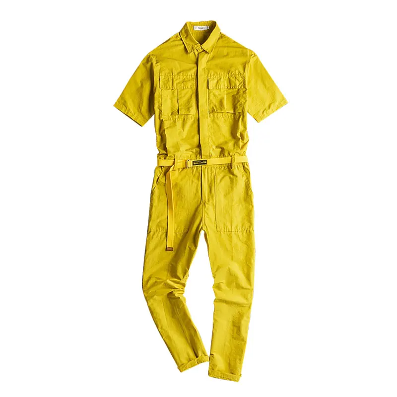 2021 Summer Thin Short Sleeve Men Jumpsuit Lapel Multi-Pocket Breathable Overalls Fashion Black Yellow Pants Workwear Trousers