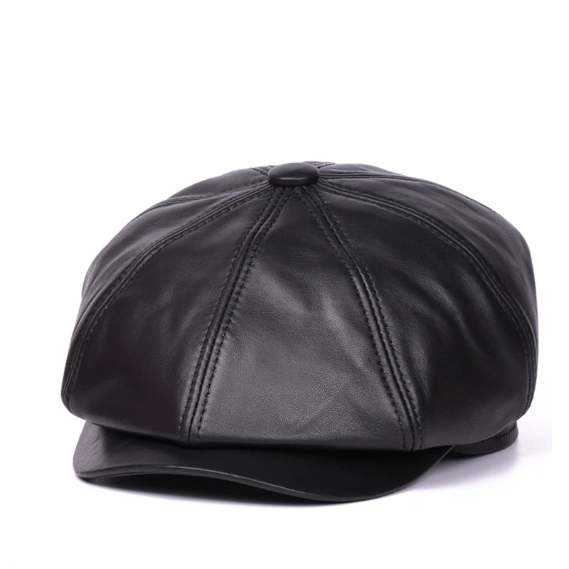 Lambskin Newsboy Beret Cap Men Unisex Genuine Leather Hats Women Male British Forward Boina Brown Octagonal Peaked Caps