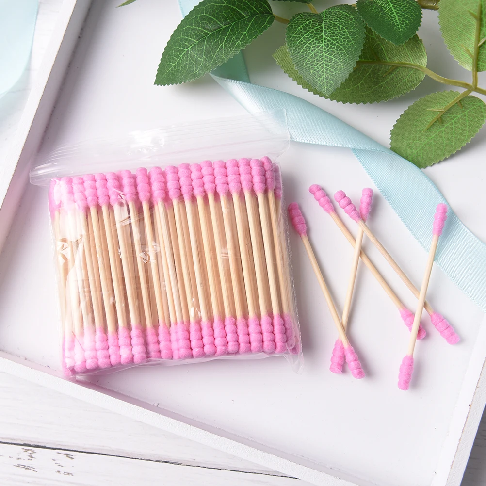 100PCS Double Head Ended Clean Cotton Buds Cosmetic Cotton Swab Stick Ear Clean Tools For Children Adult Pink Green