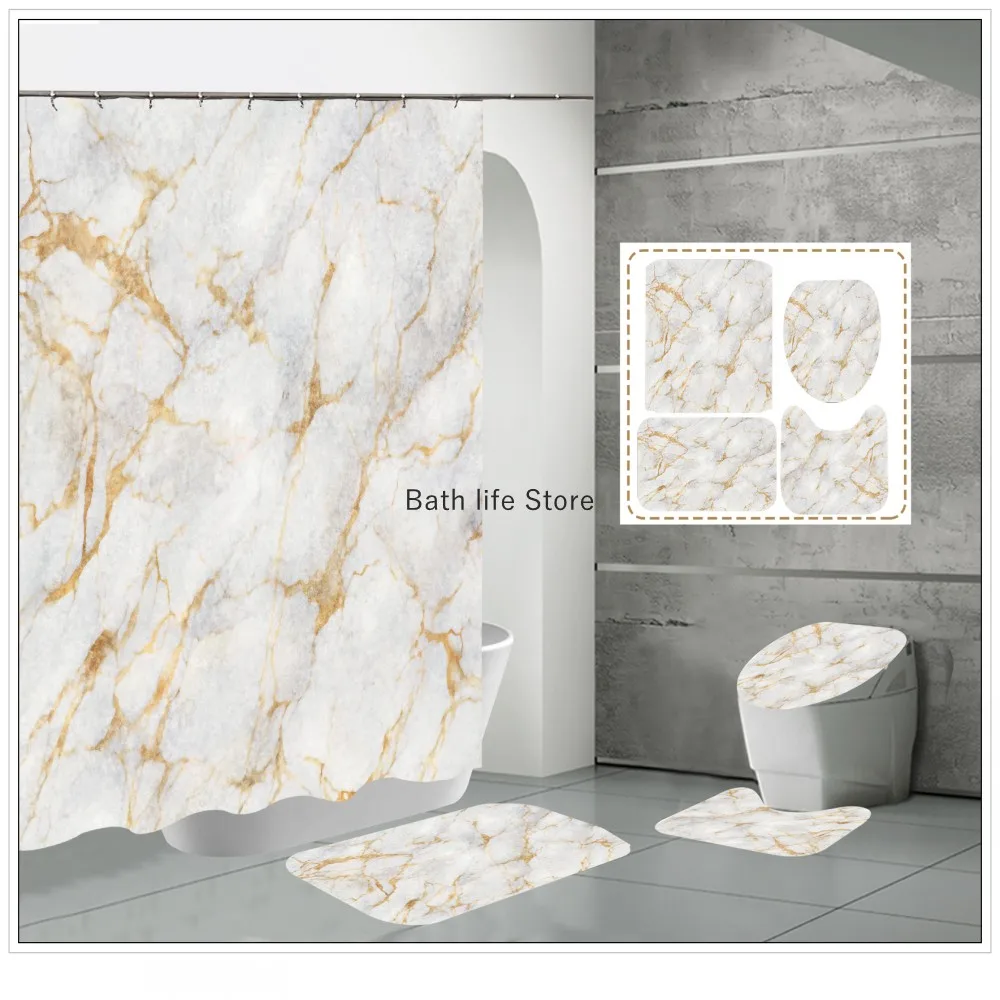 Luxury Golden White Marble Shower Curtain Modern With Non Slip Rug Mat Bathroom Waterproof Polyester Fashion Home Decor 180x180