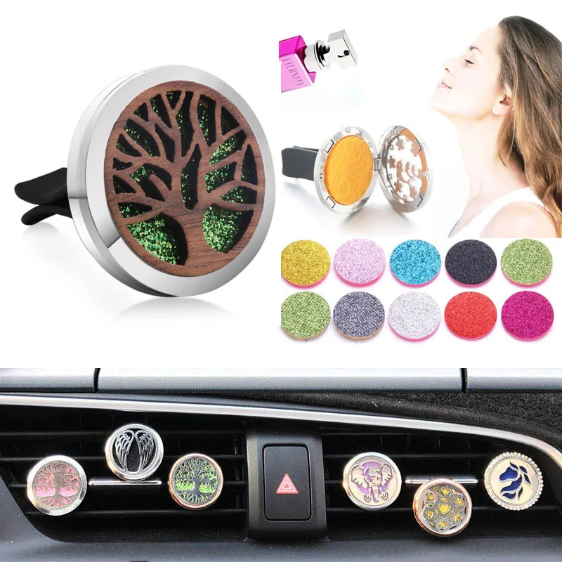 Vintage Wood Tree Of Life Aroma Car Air Freshener Stainless Steel Perfume Locket Essential Oil Diffuser Detachable Clip Jewelry