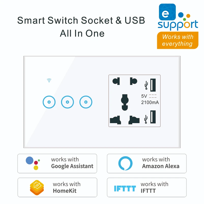 

WiFi 5 Hole Universal Socket with USB and Smart Switch 1 2 3 Gang Wall Touch Light Switch Work with Alexa Google Home 90-240V