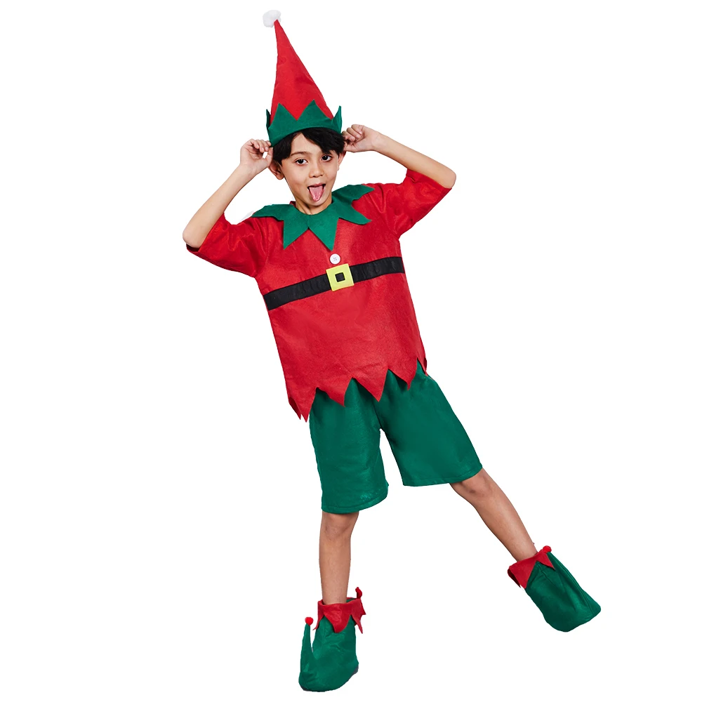 เด็ก Holiday Elf Santa Helper คอสเพลย์เครื่องแต่งกายราคาถูกไม่ทอคริสต์มาสใหม่ปีชายหญิงชุด