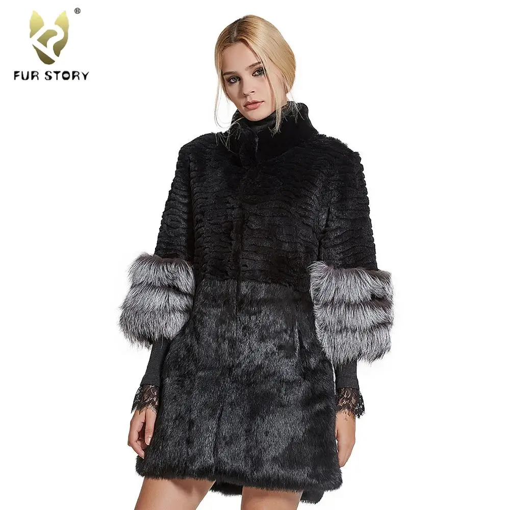 

Women's Coats Real Fur Coat Women Rabbit Fur Women Jacket with Fox Fur Cuff Coats Jackets Women Overcoat Fur Story FS17160