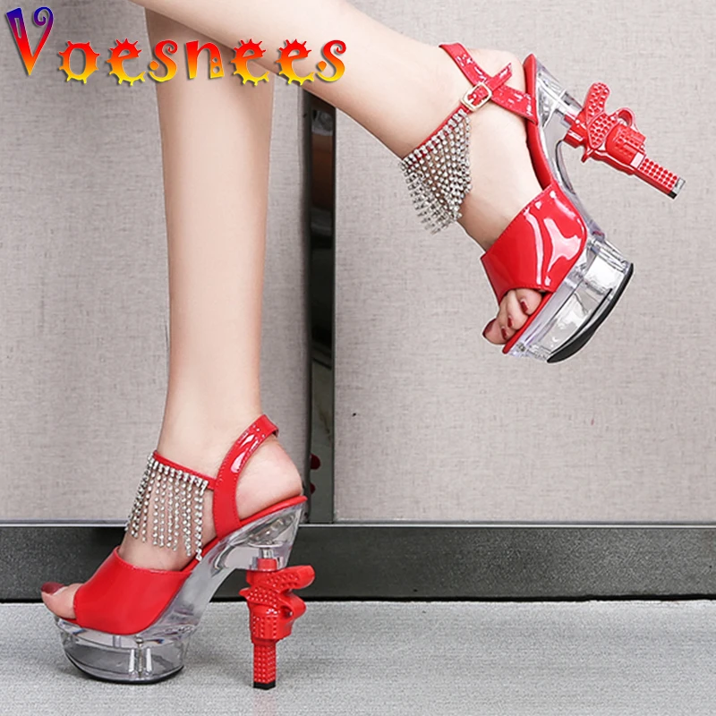 Patent Leather Glitter Womens Shoes Rhinestone Pistol High Heels Platform Female Sandals 14cm High Heels Sexy Shoes With Light