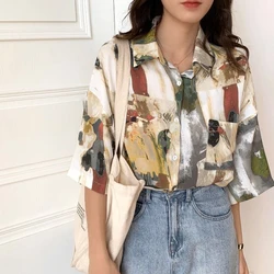 Vintage Blouse Beautiful Top Chic Spring Clothing Ladies Oil Painting Print Korean Streetwear Short Sleeve T-Shirts For Girls