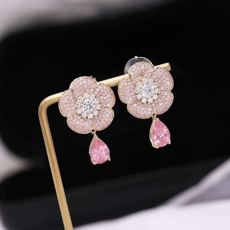 FXLRY fashion sweet micro-inlaid Cubic Zirconia flower earring Pink zircon earring for Women Wedding Party Jewelry