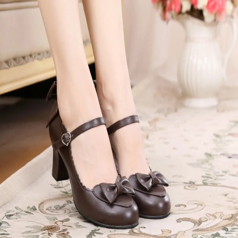 Japanese Lolita round head student cute heart bow jk high heel shoes Bowknot Princess Kawaii Girl Women Shoes cos Vintage Sweet