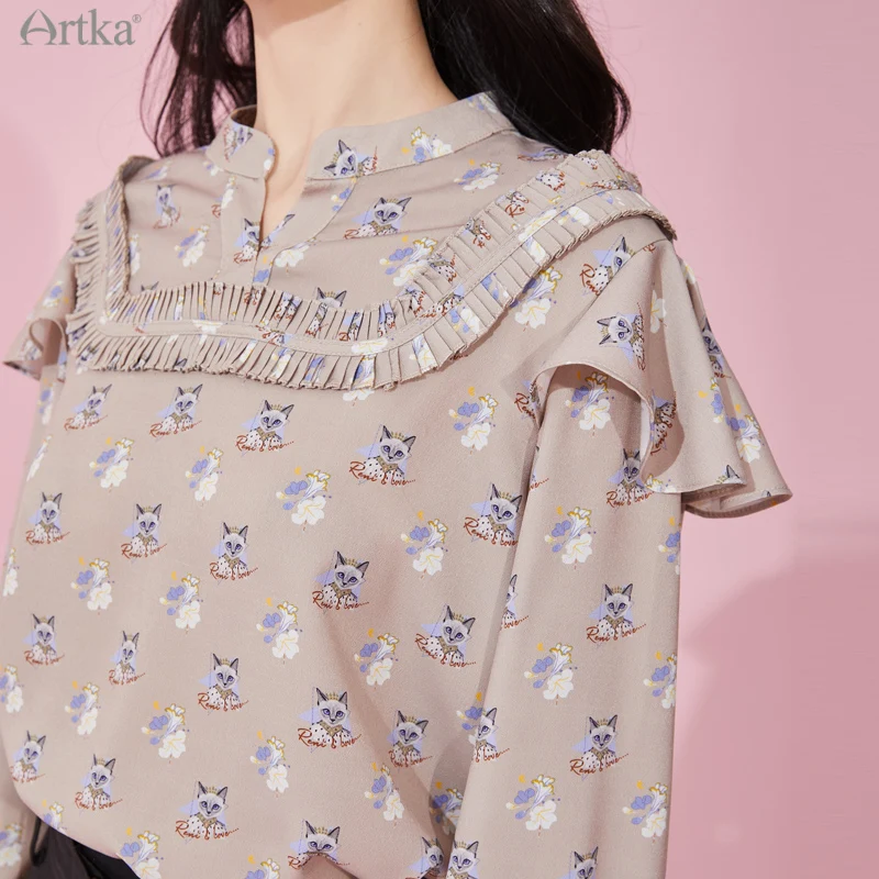 

ARTKA 2021 Spring New Women Blouse Elegant Cat Print O-Neck Chiffon Shirt Ruffles Long Sleeve Loose Soft Shirts Women SA22110C