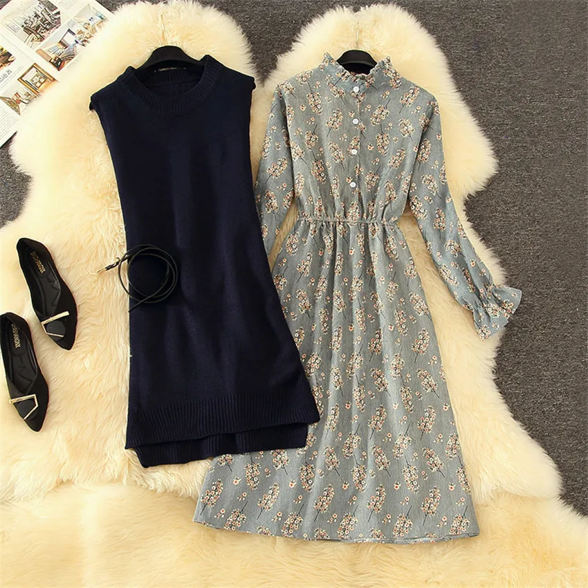 

2021 New Autumn Two Pieces Women Knitted Vest+Long Sleeve Corduroy Dresses Floral Bow Tie Dress Vestidos Winter Bottomings 1557