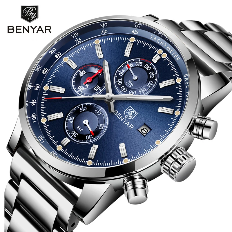 Men\'s Watches BENYAR Blue Fashion Sport Watches For Men Chronograph Stainless Steel Waterproof Military Watch Men Reloj Hombre