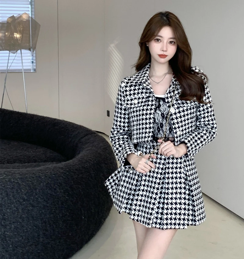 Temperament Matching Sets Retro O Tweed Plaid Jacket Short Long Sleeve Cardigan Slim Top Mini Houndstooth Pleated Skirt Chic