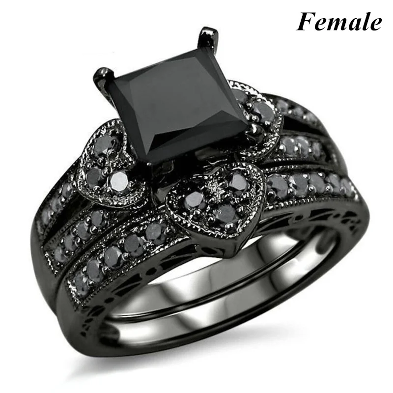 Black Heart Couple CZ Wedding Ring Set – Stainless Steel