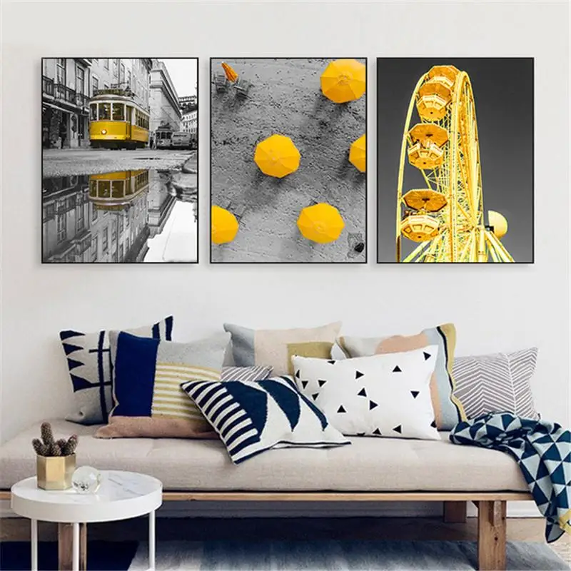 Canvas Painting Nordic City Street Landscape Poster Yellow Ferris Wheel Umbrella And Gray Street Contrast Print Art Home Decor