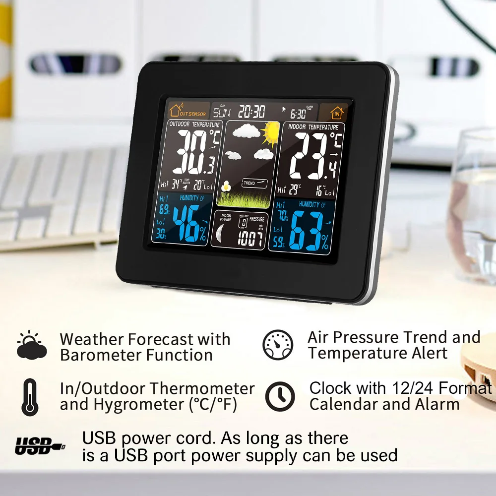 FanJu FJ3365 Weather Station Air Pressure Forecast Alarm Indoor Outdoor Thermometer Hygrometer Wireless Multifunction Clock