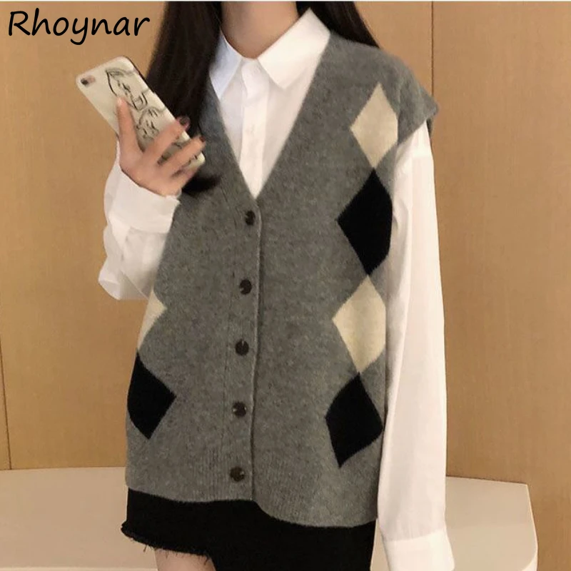 

Sweater Vests Women Elegant Preppy Sleeveless Single Breasted Argyle England Style Female Students Jumpers Casual Street Cozy